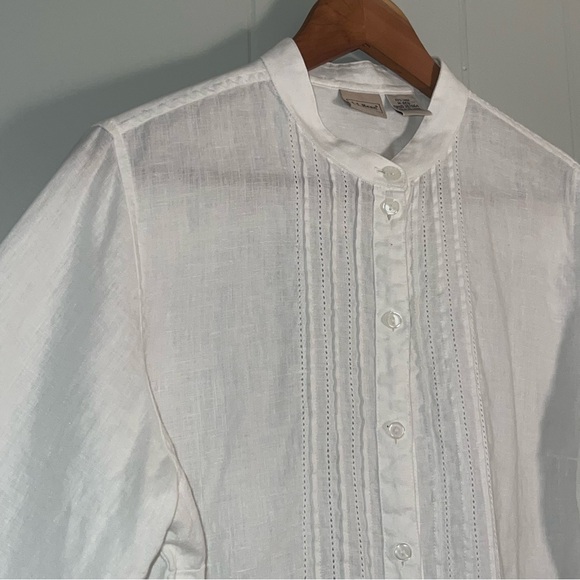 L.L.Bean White Linen Tuxedo Bib Band Collar Button Up Contemporary Prairie Top M - Picture 11 of 16